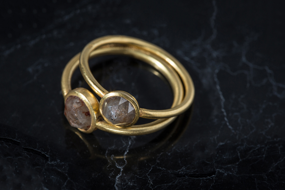 Duo of gold rings set with brown and gray rosecut diamonds — Yves Gratas