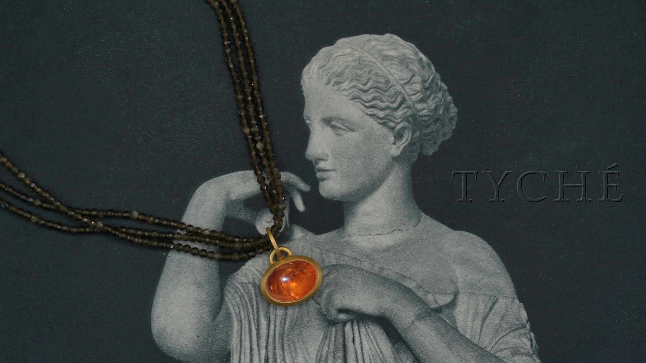 collier quartz fumé pendentif grenat spessartite cabochon